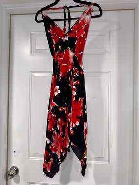 Red Black Tropical Floral Handkerchief Dress Halter Y2K Beach Boho One Size